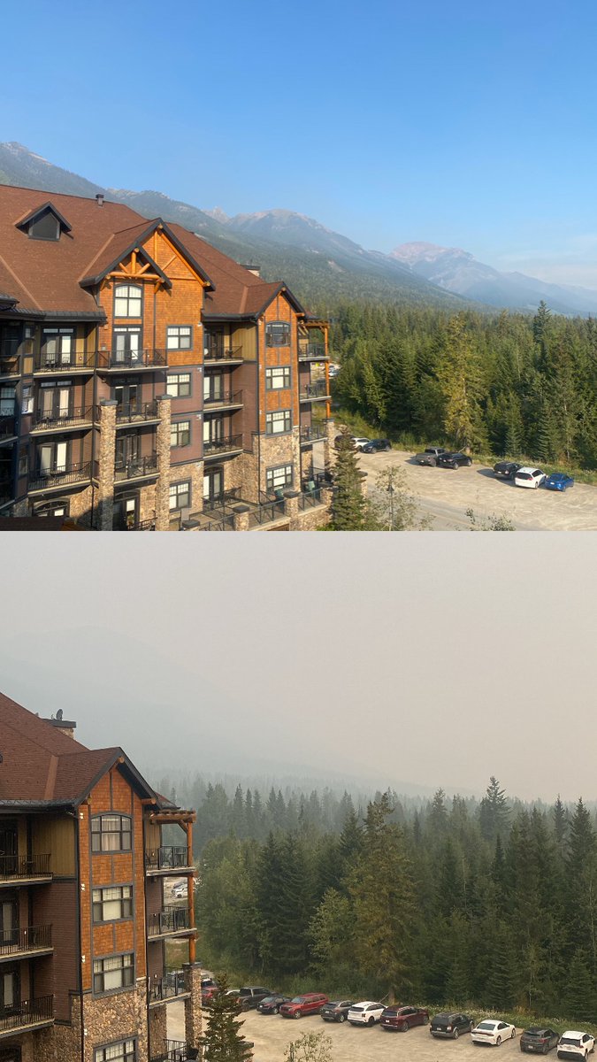 Smokey to smokier in #Golden BC this week. 

Above: Monday 14/08/2023
Below: Wednesday 16/08/2023

Spare a thought for <a href="/BCGovFireInfo/">BC Wildfire Service</a> who are working all summer tracking and fighting these fires.