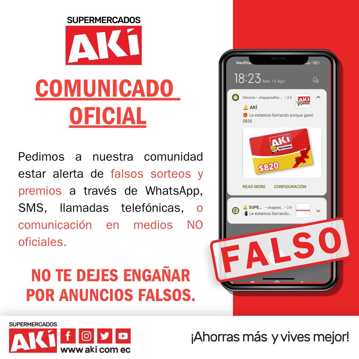 ¡Atención!🚨Supermercados AKÍ comunica sus sorteos y promociones únicamente a través de canales oficiales. No te dejes engañar.🚨  

¡Síguenos en nuestras redes oficiales!  
Instagram: instagram.com/aki_ecuador/
Facebook: facebook.com/AKIEcua
Twitter: x.com/akiecuador?s=1…
