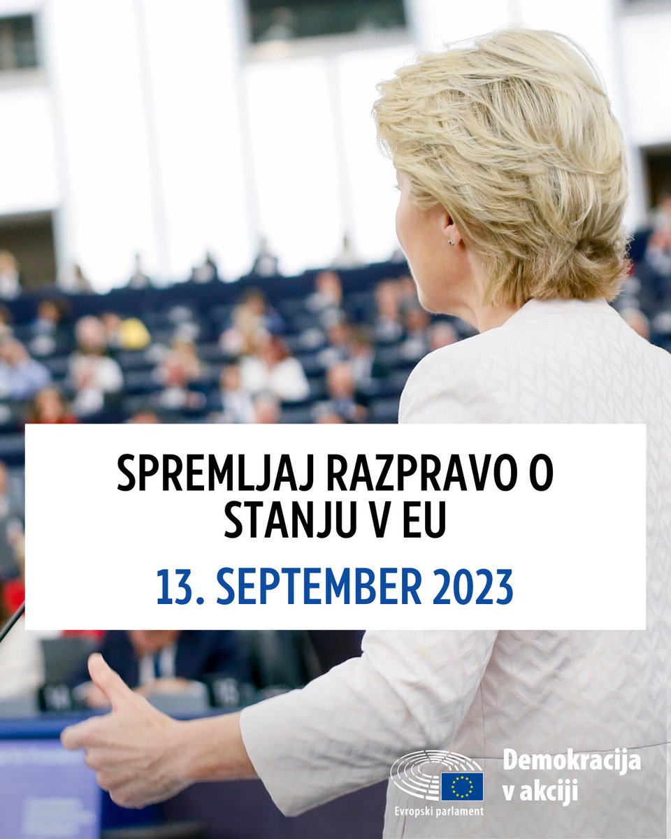 Europarl_SL's tweet photo. Kateri so ključni izzivi in prednostne naloge Evropske unije v prihajajočem letu🤔? 13. septembra ne zamudi govora @vonderleyen v Evropskem parlamentu🇪🇺 o stanju v EU in razprave z evropskimi poslanci o dosežkih in prioritetah Komisije.

#SOTEU #StateOfTheEU https://t.co/H2wX8FOPqt
