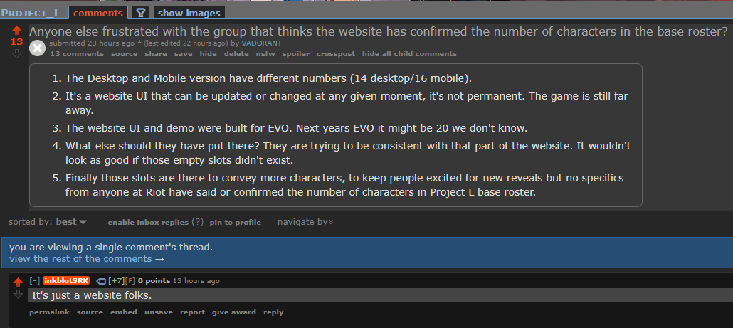 vadorant's tweet photo. Tom Cannon in regards to the character slots on the Project L website confirming base roster size...

"It's just a website folks."

*gets downvoted*

😂 https://t.co/GsX8ZO5cRP
