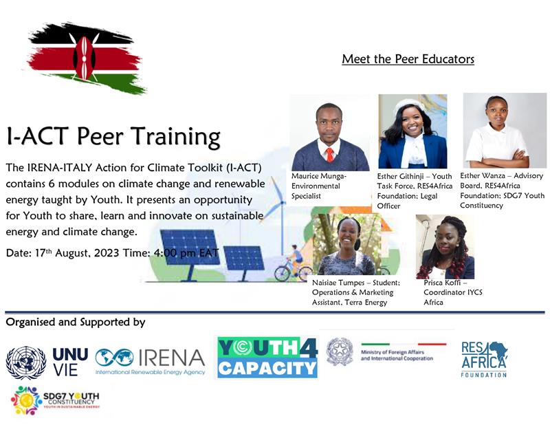 An invitation to all young people in Kenya, we would like to invite you all to I-ACT Peer Training Online Workshop on 17th August 2023 at 4:00 pm EAT. Kindly register: lnkd.in/dcRtzrUd Share widely with your youth networks ! @SDY_Ke @StateHouseKenya @IRENA @ItalyinKenya