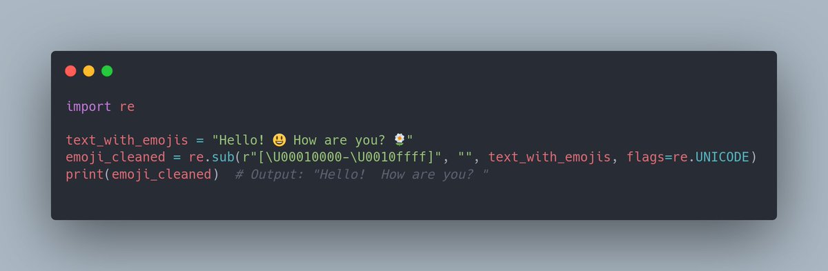 Ayeshairshad124's tweet image. Day 11 of #100DaysOfCode 🌟:
Tackling emojis in text using regex magic! Today, we're stripping away emojis for cleaner analysis. 🧹💬
Navigating the world of text data with regex to handle emojis like a pro! 🧑💻🌐 #TextProcessing #Python #CodeNewbie #LearningInProgress #Day11