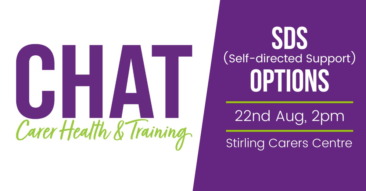 Being given a social care budget (Self-Directed Support) can be daunting. <a href="/SDSFVILA/">Self-Directed Support Forth Valley - ILA</a> is a specialist support service for anyone managing an SDS budget. Come along to find out about your options and the support available. 

Register: stirlingcarers.co.uk/events/chat-sds
