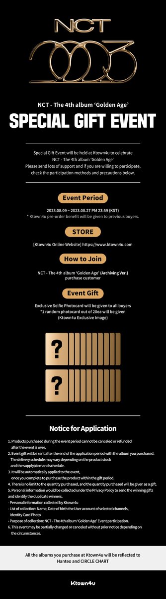 Ktown4u_com's tweet photo. ✨Special Gift Event x @NCT_India_✨

💽 NCT - The 4th Album [Golden Age]
💛 Archiving Ver.
⏰ 2023.08.09 ~ 2023.08.27 PM 23:59
🎁 POB : Ktown4u Exclusive Photocard

✔️Check the extra shipping discount for DHL at Ktown4u website!

💗FC link👉https://t.co/bzDqAMHMNJ https://t.co/6pHgvHkkf8