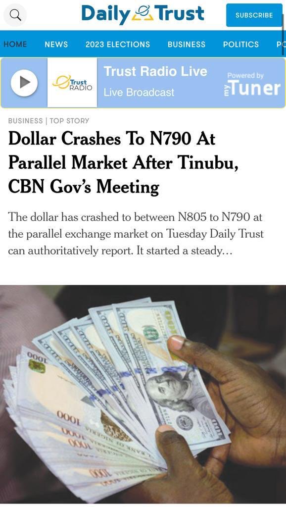 moore_ojo's tweet photo. The $$ has crashed to between N805 to N790 at the parallel exchange market on Tuesday. It started a steady decline from N925 to N930 that it was exchanged.
The President will only succeed when citizens see the need to support with patriotism.
#Tinuboom https://t.co/JaUID4DoGj