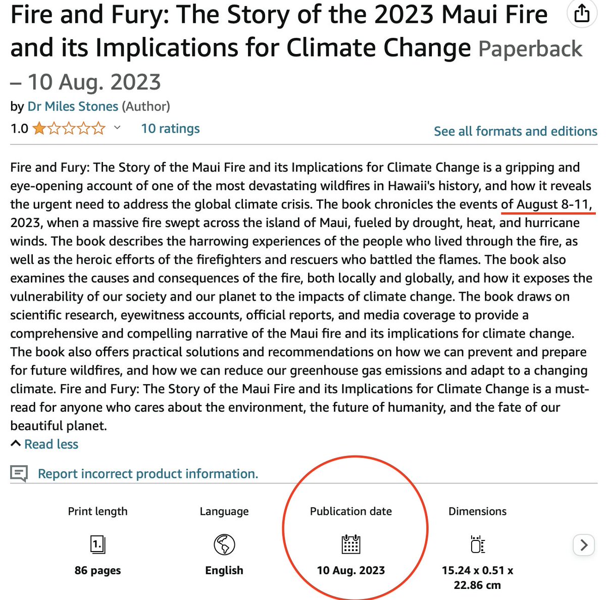 davidkurten's tweet photo. There is no way that a book about the Maui fires could have been written, edited and published on 10 Aug before the end of the period it is talking about (8 - 11 Aug), and all filled with climate change propaganda.
This was pre-planned. https://t.co/9t6JhR9hlU