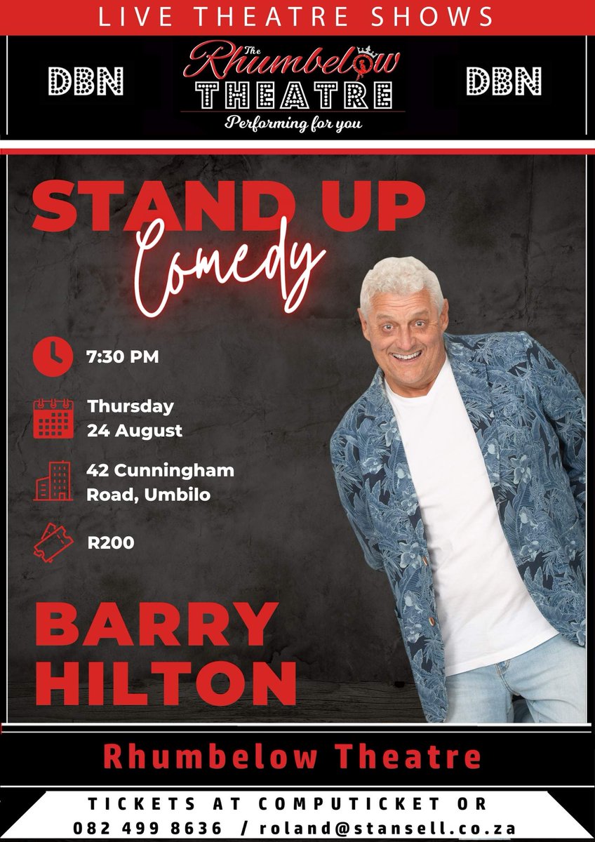 YUP!
DURBAN!
📷 You heard right, I'm heading to Durban for a comedy show at the RHUMBELOW THEATRE on Thursday, 24 August.
📷 Pull in my cuzzies, it's gonna be loads of fun and laughter!
📷 Book here:  tickets.computicket.com/event/stand_up…
Or 📷 082 499 8636 for more info.