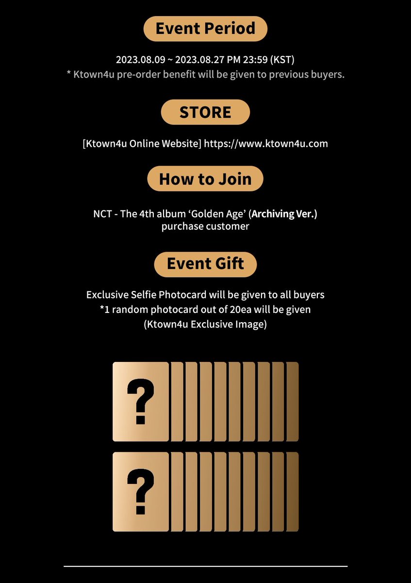 Ktown4u_com's tweet photo. ✨Special Gift Event x @haechanteamph✨

💽 NCT - The 4th Album [Golden Age] 
💛 Archiving Ver.
⏰ 2023.08.09 ~ 2023.08.27 PM 23:59
🎁 POB : Ktown4u Exclusive Photocard

✔️Check the extra shipping discount for DHL at Ktown4u website!

💗FC link👉https://t.co/2BRmsDOLy2 https://t.co/mA0KQuAbRk