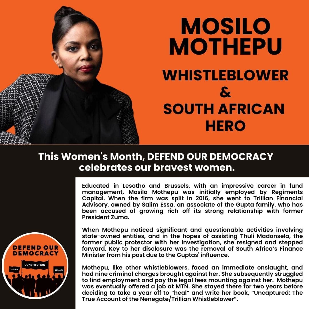 ForDemocracySa's tweet photo. Mosilo Mothepu's actions demonstrated the importance of whistleblowers from within the private sector standing up to state capture. 
We salute Mosilo this #WomensMonth 
#SAheroes https://t.co/1LLmLbV6Gg