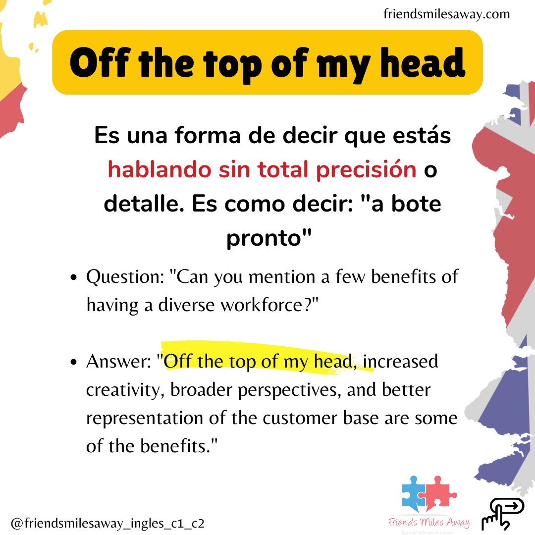 friendsmilesaw's tweet image. Usa esta MULETILLA en el #speakingexam para ganar tiempo para pensar. 

-Hmm…off the top of my head, I&apos;d say…
-Well, off the top of my head, it would seem that…
-Off the top of my head, a few things come to mind…
-Let me think…off the top of my head…

#advancedenglish #eoi