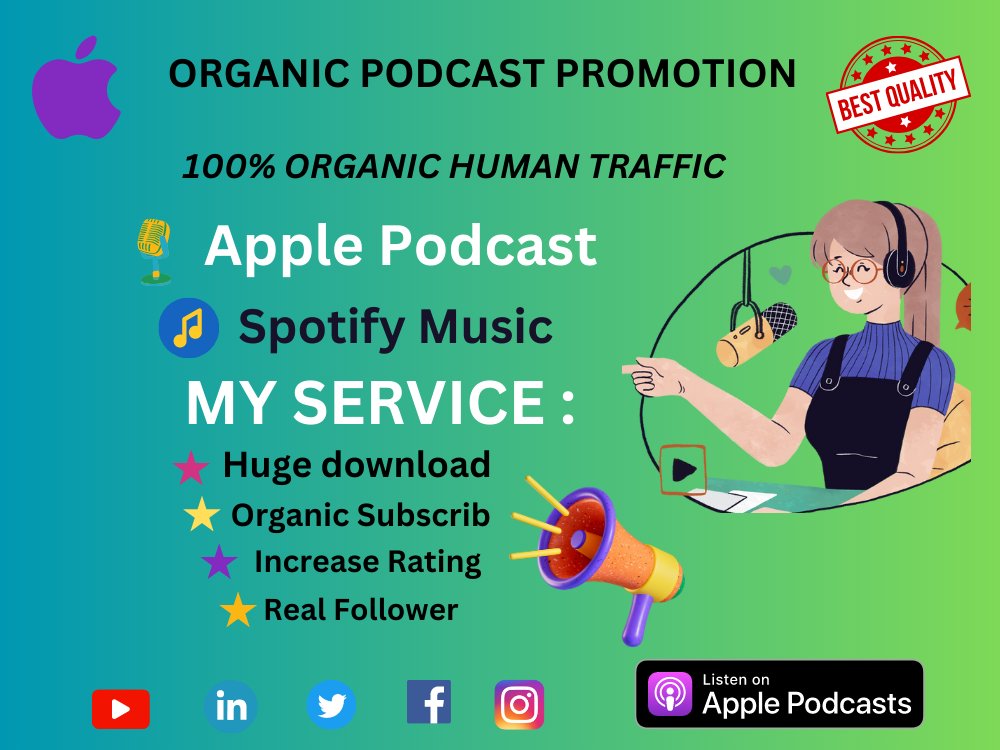 Hello , i am  Rana Ahemed,I promote the Apple Podcast. 
I have a reputation for promoting Apple Podcasts. 
If you want to promote your apple podcast or Spotify podcast please contact me .

#Apple Podcast #Spotify Podcasts #Spotify #podcast