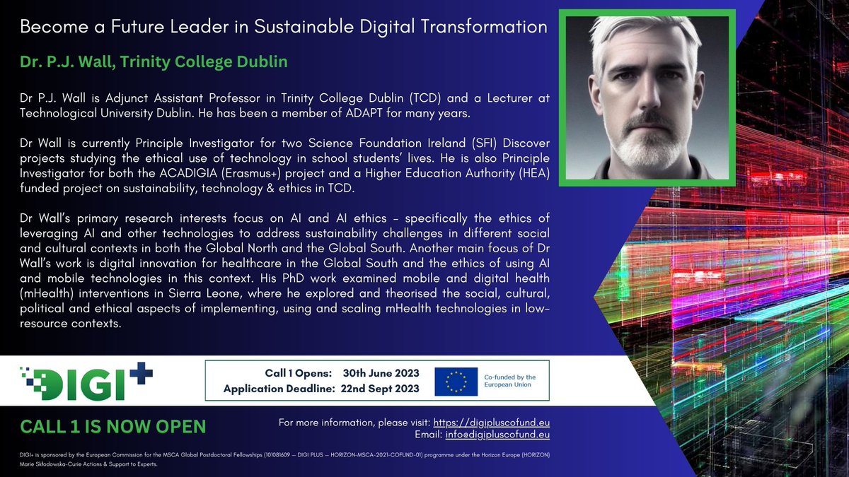 Supervisor of @infoDIGIplus Dr. P.J. Wall is an adjunct assistant professor @tcddublin and a member of @AdaptCentre. His research topics include #AI #aiethics #Sustainability #mHealth #globaldevelopment. Get in touch with him to discuss your proposal.