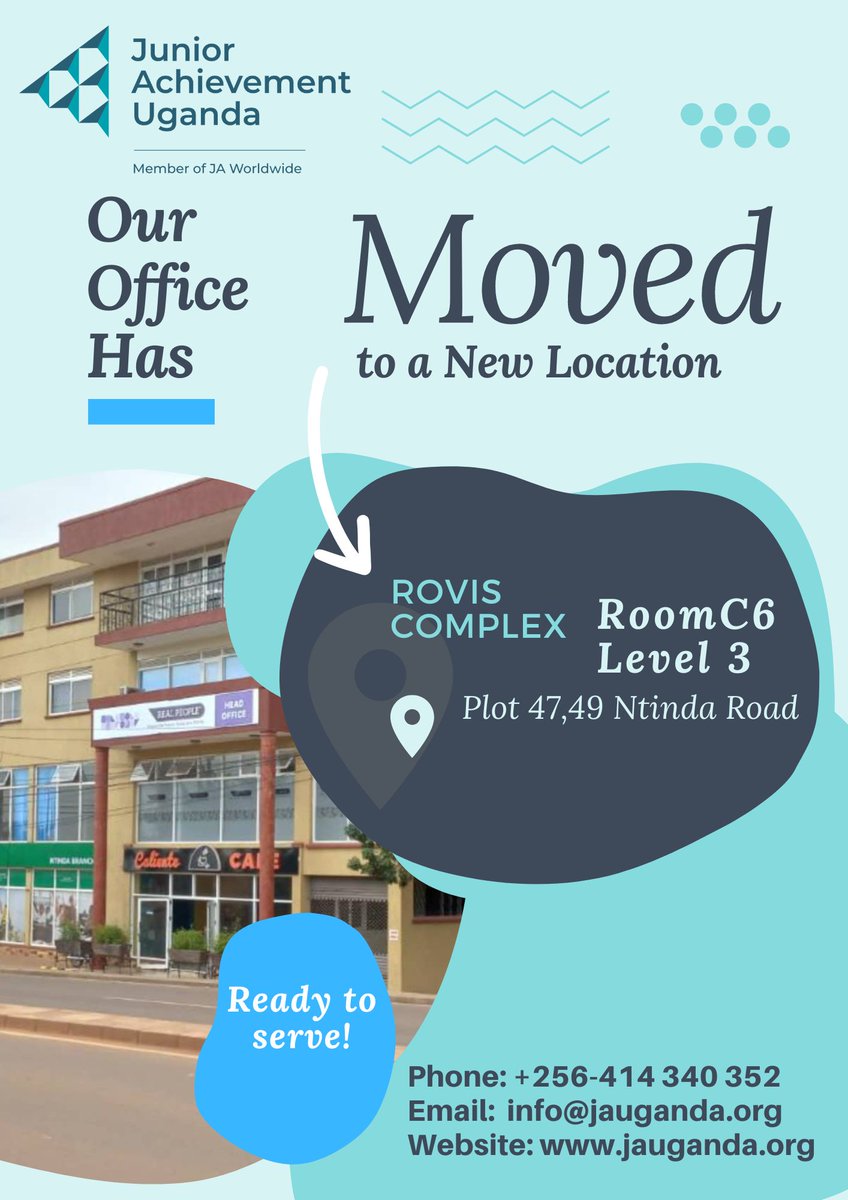 📣Thrilling Announcement!✨ #JuniorAchievementUganda has officially taken a giant leap forward. We're excited to share that we've shifted to our new office location, where endless possibilities await our young entrepreneurs and change-makers. Come say hello at our fresh address!