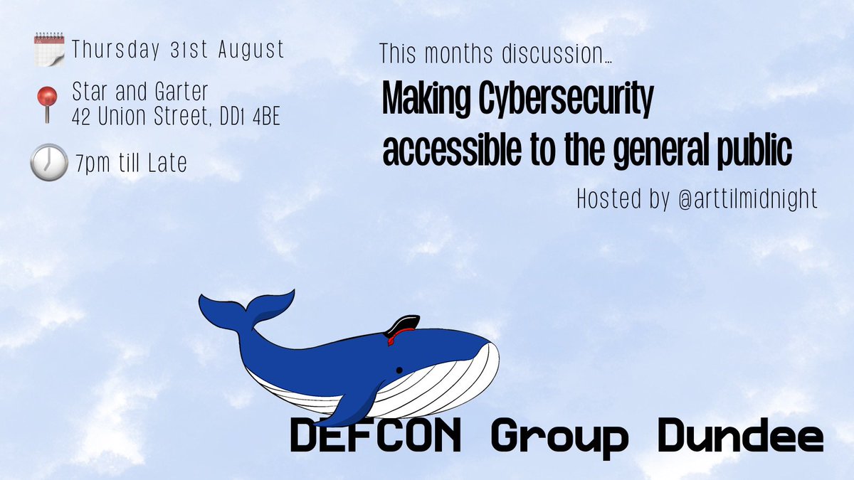 Join us on Thursday 31st for a discussion lead by <a href="/arttilmidnight/">creativenchaotic</a> on how we can make cybersecurity more accessible to the public! 

If you are in the Dundee area come say hi 👋