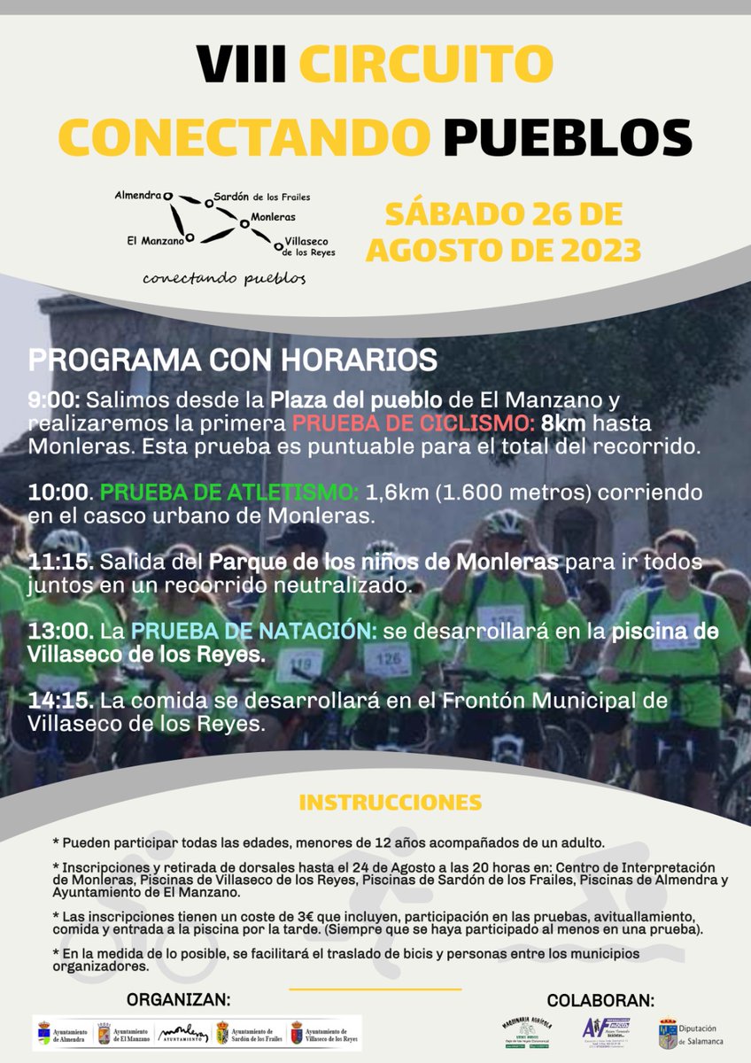 Buenas otro año más y este es el octavo,  ponemos en marcha la prueba Conectando Pueblos, entre las localidades de #Almendra <a href="/MonlerasAyto/">Ayto Monleras</a> <a href="/SardonAyto/">Ayuntamiento de Sardón de los Frailes</a> #ElManzano y #villasecodelosreyes. Este viernes comenzarán las inscripciones hasta el 24 de agosto. ¡Os esperamos!