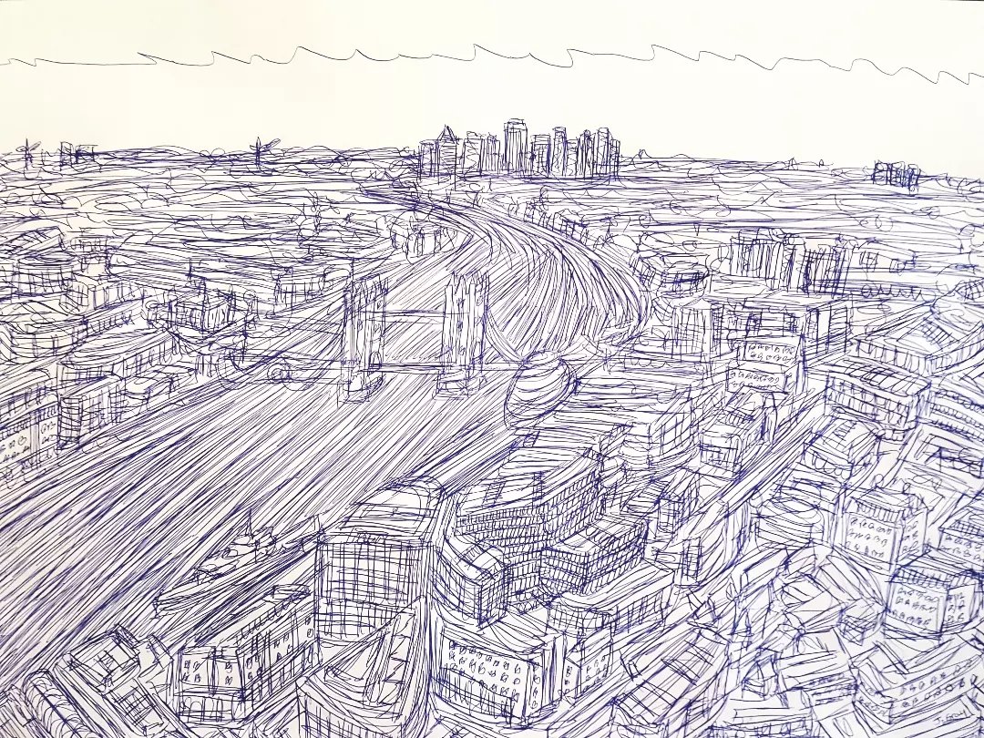 JonathanGrayArt's tweet photo. 'Shard view Scribbles', 2023. Pen on paper, 59 x 42cm. Part of the Linear Landscape collection... 🖌
#london #theshard #viewfromtheshard #towerbridge #onecanadasquare #canarywharf #riverthames #skyline #Cityscape #Illustration #Lines #Landscape #fineliner #Ink #jonathangrayart https://t.co/8NqXLdSCaC