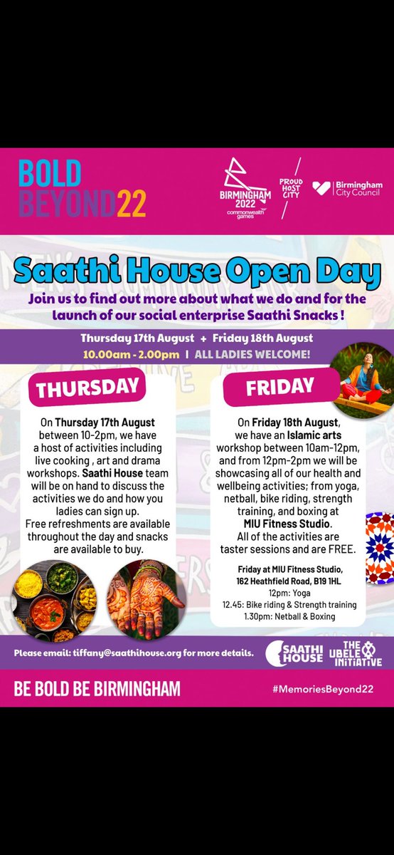 Come along and meet @SaathiHouse - a fab charity, doing amazing things to empower women in Aston, Perry Barr, Lozells and Handsworth

Saathi House is a @UnitedBy2022 family member

#Birmingham #HolidayActivities #OpenDay #WomensHealth