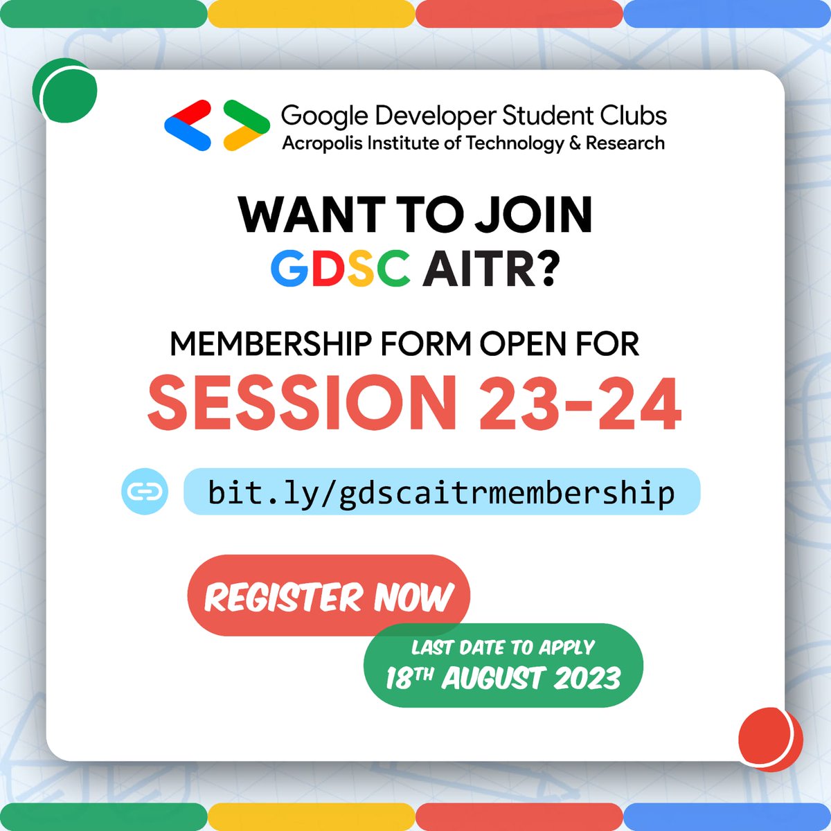 GDSCAITR's tweet photo. Join Google Developer Student Club (GDSC) AITR 2023-2024! 📢
Become part of a vibrant tech community, learn, and innovate. Don't miss out! 
Apply now:  https://t.co/IR4nAixUZZ
 Let's grow together! 🔑 
#GDSCAITR #TechCommunity https://t.co/euBpZNW1X9