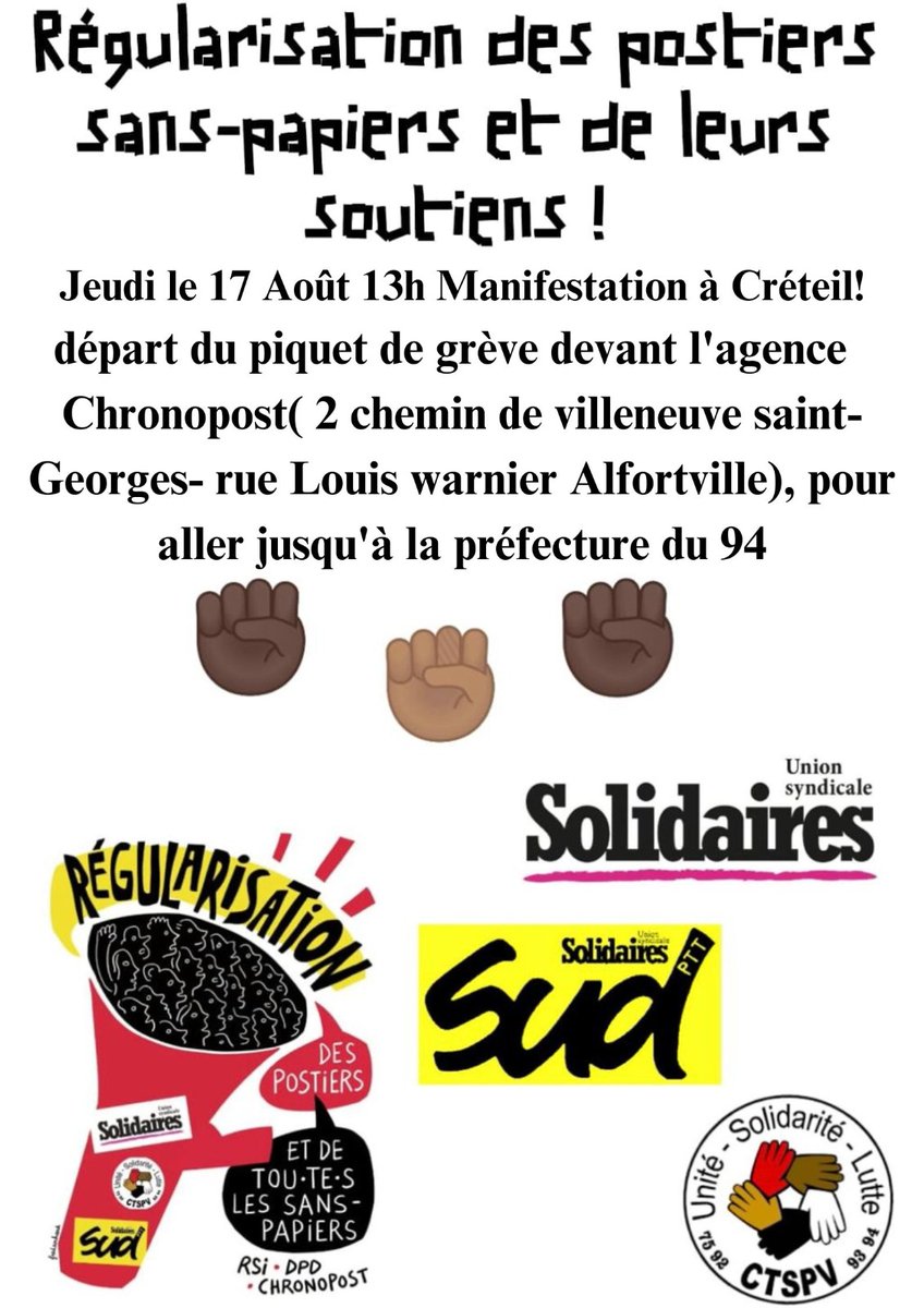 CybeleSud's tweet photo. Les préfectures doivent régulariser tous les occupants des piquets de DPD, Chronopost et RSI !

Rendez-vous demain à Créteil et toujours besoin de soutien sur les piquets ✊🏿✊🏼✊🏾

Papiers pour tou-tes ! https://t.co/VcxDgj6UyT