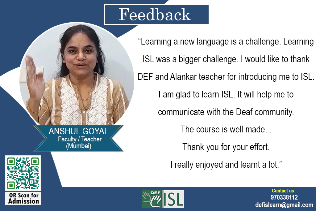 deafenabled's tweet image. Learning how to sign will help you to expand your linguistic skills. Like Anshul Goyal you too can become an enAbler for the deaf community. What are you waiting for?! Join our classes today!

#Learning #DeafEnabledFoundation #defisl #sign #language #app #testimonial