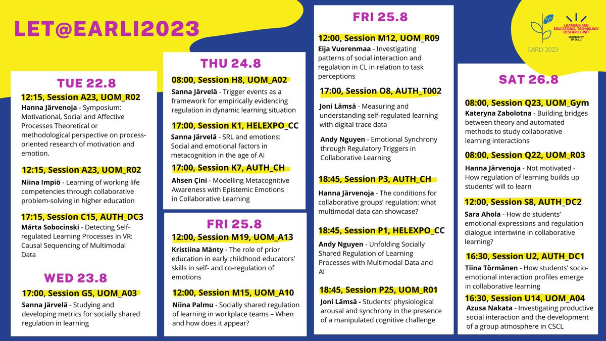 LET_Oulu's tweet image. And here is #LETgoesEARLI2023 schedule once again in a different format. Come visit our presentations - we will be happy to see new and familiar faces! #LETresearch #LETOulu @earli_office @SannaJarvela @HJarveno @JonnaMalmberg #UniOulu @OuluHi @GenZ_Oulu