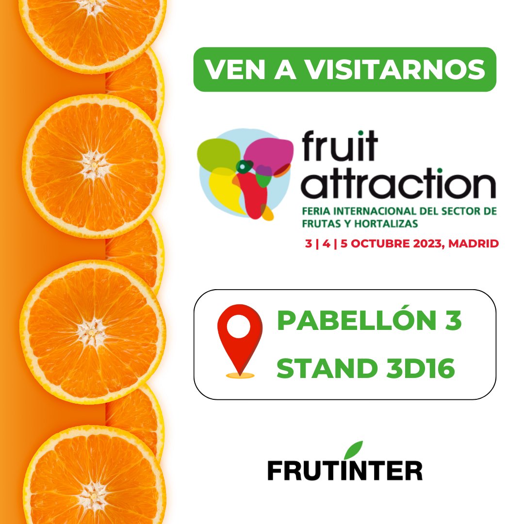 frutinter's tweet photo. Un año más, nos podréis encontrar en la feria @FruitAttraction que se celebrará del 3 al 5 de octubre en Madrid 👏🏼
📍 Os esperamos en el STAND 3D16 del PABELLÓN 3.
¡Ven a visitarnos! 💚
#frutinter #enfrutintercuidamos #lasaluddelaspersonasydelplaneta #feria #fruitattraction https://t.co/b6qXxdgl3i
