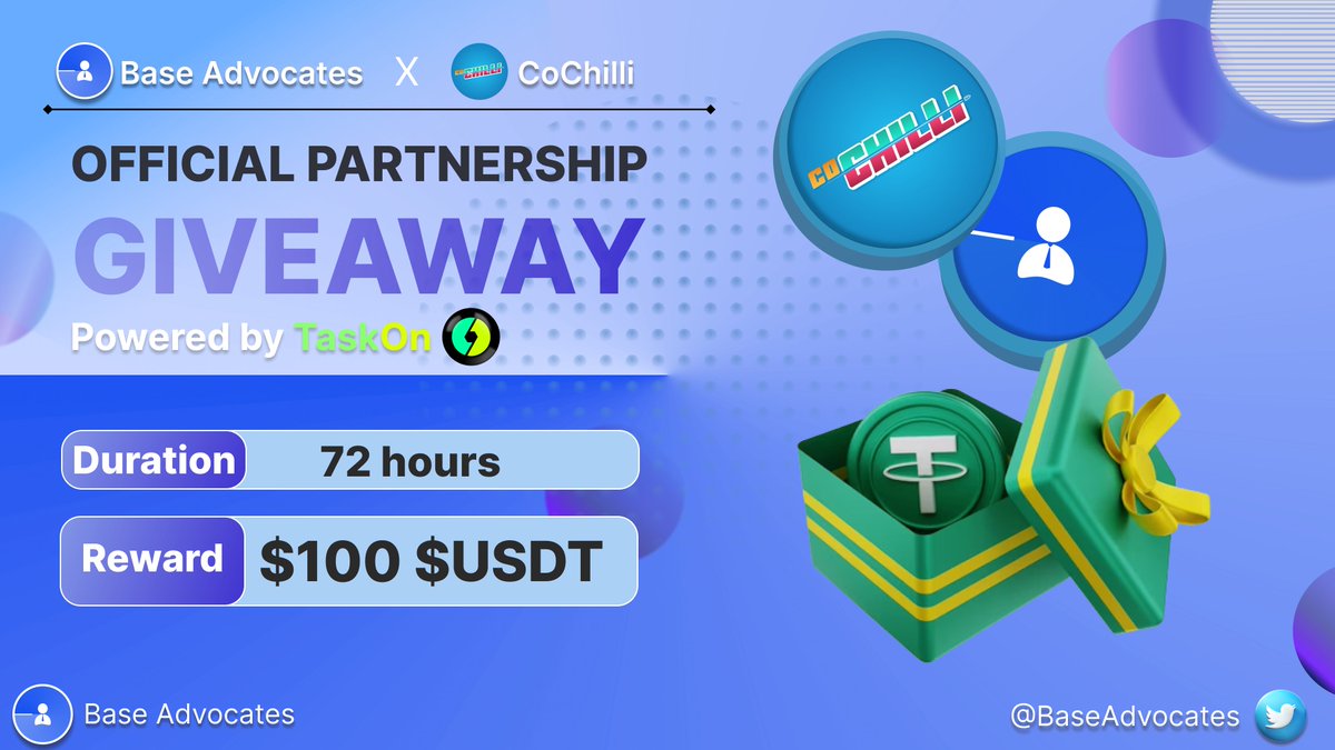 BaseAdvocates's tweet photo. 📢 We are thrilled to host a giveaway event with our Chilli partner @CoChilli_io 🔥

🎁 $100 USDT for 10 winners

Rules:✅

- Follow: @BaseAdvocates  &amp; @CoChilli_io

- Complete TaskOn Tasks: https://t.co/4H1UVI2ppB

- Like + RT + Tag 3 Friends

⏰Duration: 72 hrs https://t.co/dyM0cOJ8b9