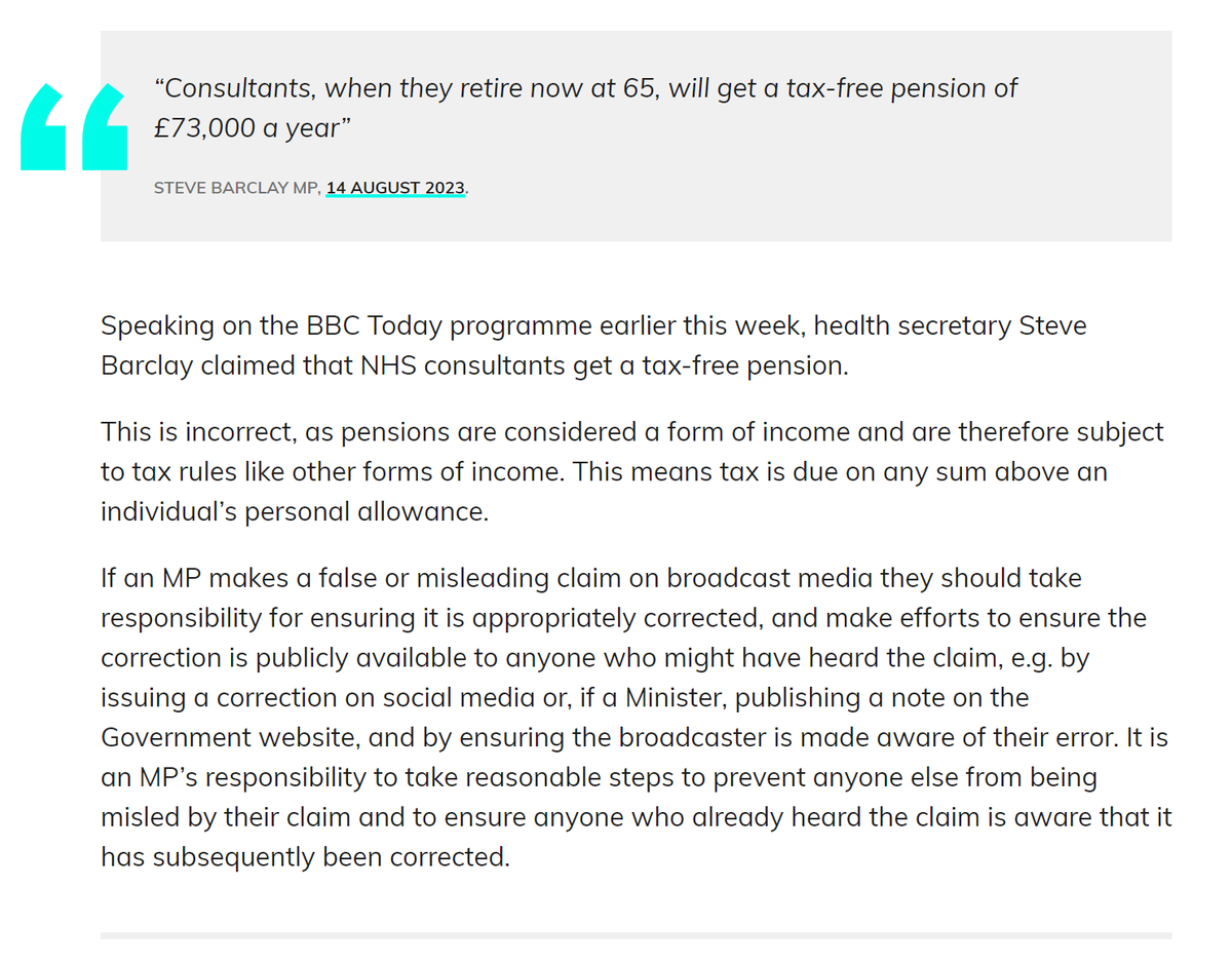 2/ Responding to the false claim that consultants get a TAX FREE pension of £73k they said   

"This is incorrect, as pensions are considered a form of income and are therefore subject to tax rules like other forms of income."