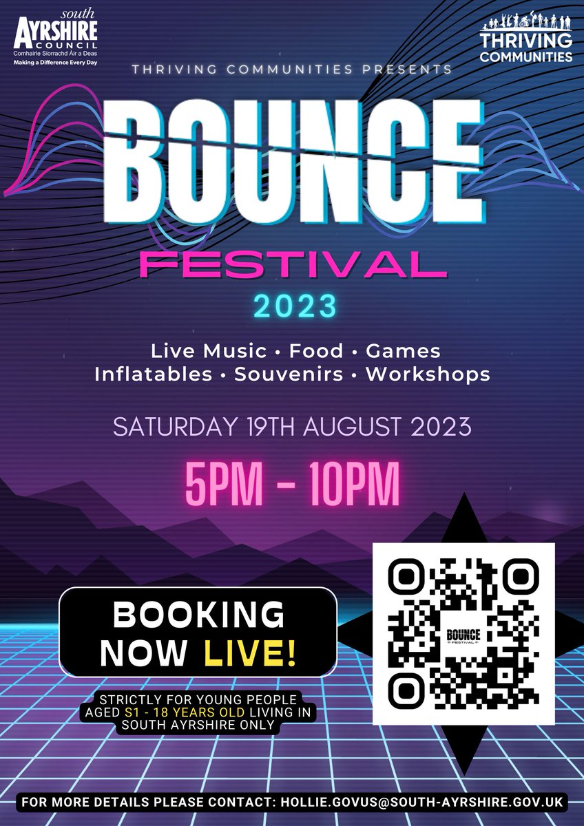 southayrshire's tweet photo. Bounce Festival will take place at Ayr Academy on Saturday 19 August!
This exciting event will feature live music, food, games, inflatables, souvenirs, workshops, and stalls.
Book now here https://t.co/QA3bQakrZx https://t.co/oeJOErruPl