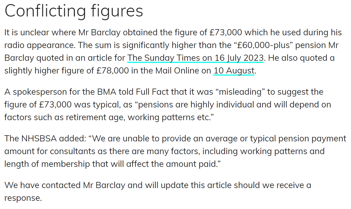 3/ Responding to the false claim that consultants can expect a pension of £73k <a href="/FullFact/">Full Fact</a> pointed out the SOS numbers are all over the place

"significantly higher than the “£60,000-plus” pension Mr Barclay quoted in an article for  <a href="/thetimes/">The Times and The Sunday Times</a> on 16 July 2023. He also quoted a