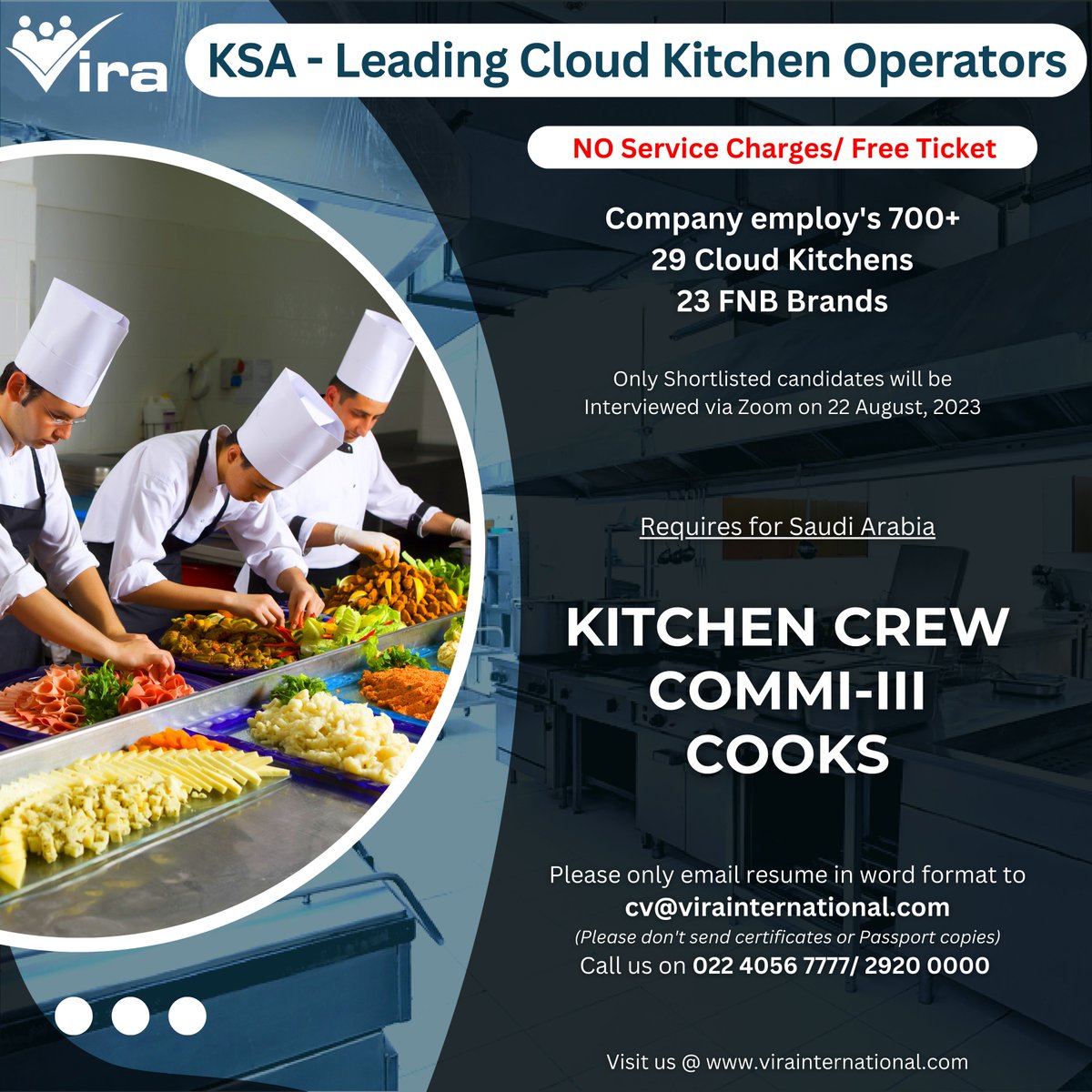 Vira_India's tweet photo. Leading Cloud Kitchen Operators, KSA

Urgently Requires
Kitchen Crews/ Commis 3/ Cooks

Please email your updated resume to cv@virainternational.com

#hospitality #hiring #hospitalitydesign #hire #Jobs #Recruitment #Jobsearch #Jobopportunity #KitchenCrew #Commis3 #Cooks #KSA https://t.co/e6V8Hvbtlu