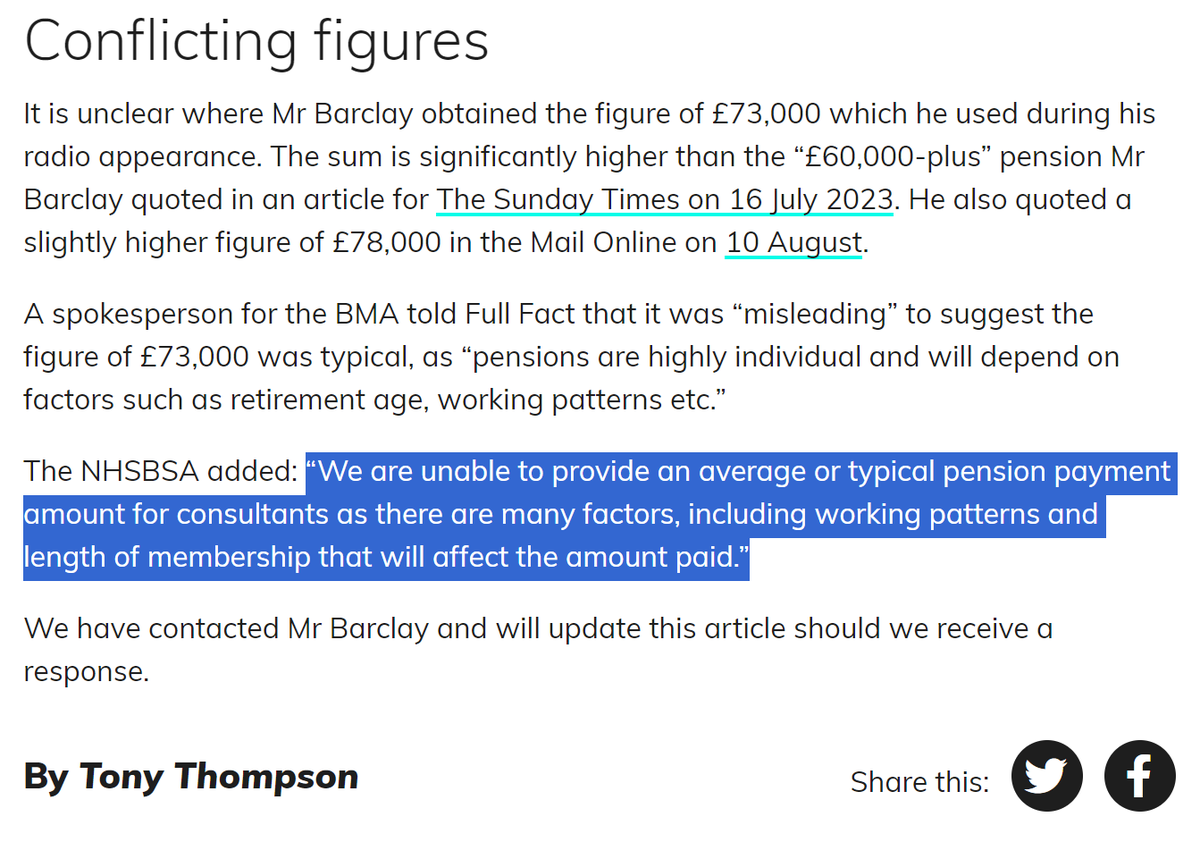 <a href="/FullFact/">Full Fact</a> <a href="/thetimes/">The Times and The Sunday Times</a> <a href="/TheBMA/">The BMA</a> <a href="/NHSBSA/">NHS Business Services Authority</a> <a href="/nhs_pensions/">NHS Pensions</a> 8/ and membership (which will look very different for men vs women retirees) so why not just provide the average, or better still the average consultant, and the average for men and women?

Then we will see if those pensioners get £73k or not (or £73k after tax = £115,658!!!)
