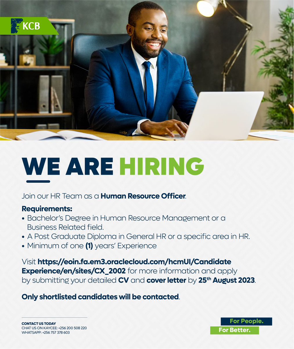 kcbbankug's tweet photo. We're growing our HR team! Join the Simba family as ๐ ๐๐ฎ๐ฆ๐๐ง ๐๐๐ฌ๐จ๐ฎ๐ซ๐๐ ๐๐๐๐ข๐๐๐ซ. Apply now through https://t.co/PNtEbUsqu3 before ๐
๐ซ๐ข๐๐๐ฒ ๐๐๐ญ๐ก ๐๐ฎ๐ ๐ฎ๐ฌ๐ญ, ๐๐๐๐.
#KCBJobs #ForPeopeForBetter https://t.co/VOQsKob5Aw