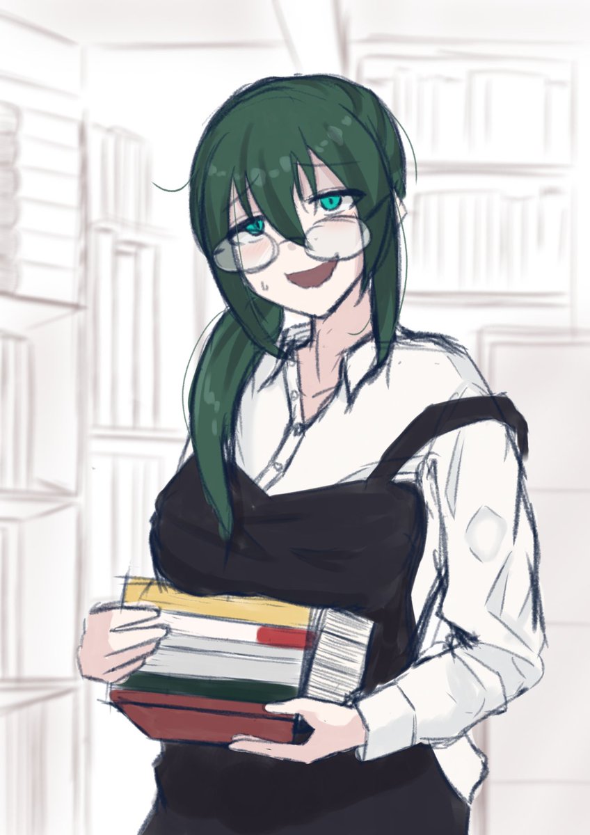 1girl green hair solo shirt glasses book book stack  illustration images