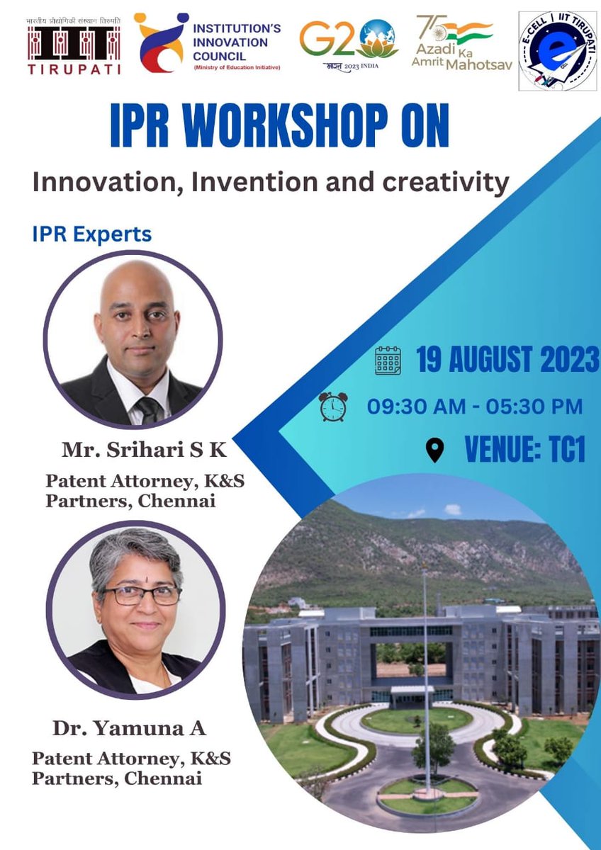 ecell_iitt's tweet photo. Institution’s Innovation Council (IIC) &amp; E Cell IIT Tirupati has planned to conduct a one-day workshop titled “IPR Workshop on Innovation, Invention and Creativity” on 19th August 2023.

#iit #iic #workshop https://t.co/YS4cOMfXhN