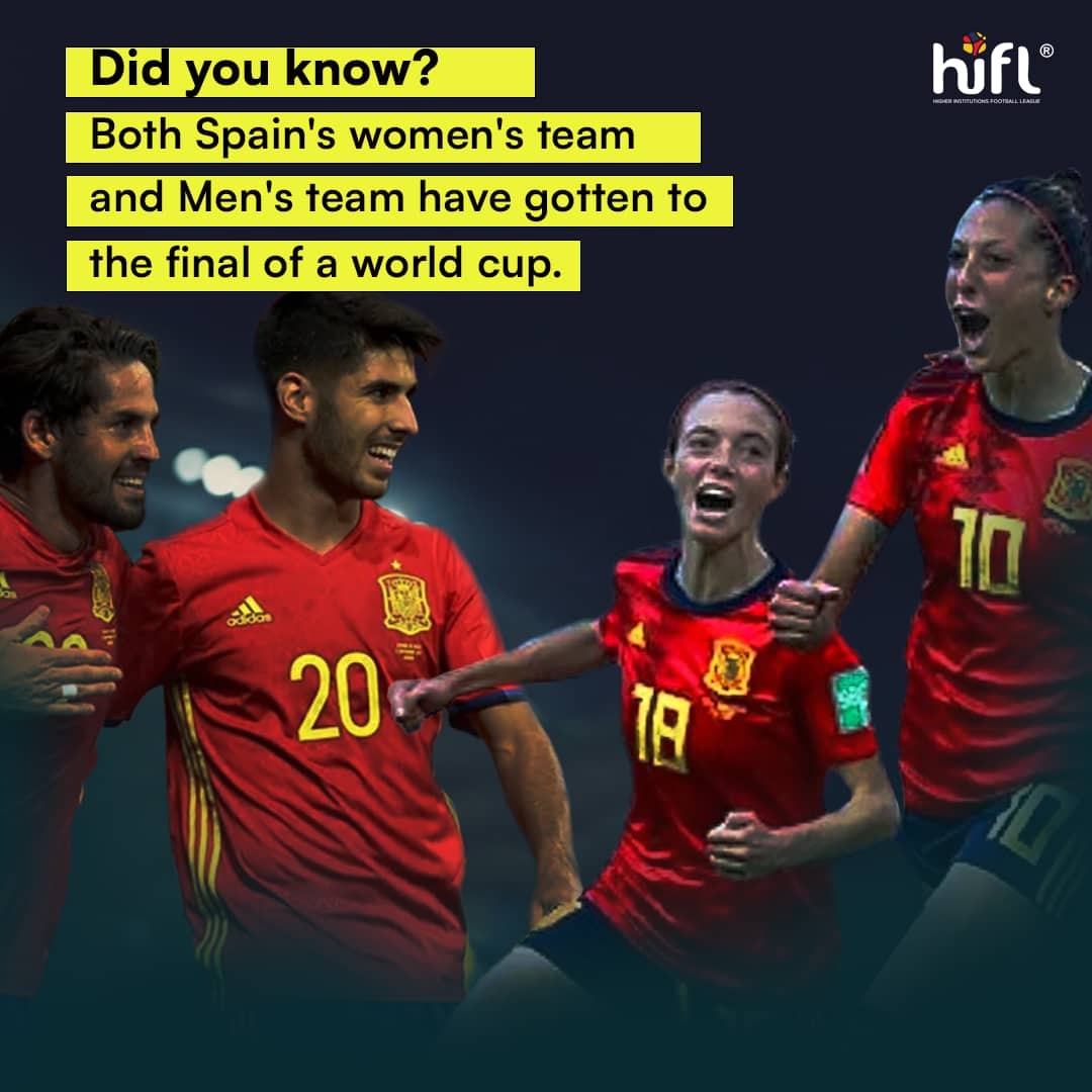 The Spain's women and men's national team have now reached the final of the FIFA World Cup. 

Yesterday, the Women's team beat Sweden to advance to its first-ever final of a major tournament.

#MakingHistory
#FIFAWWC
#HiFLNigeria
#HiFL2023
#HiFLSeason5
