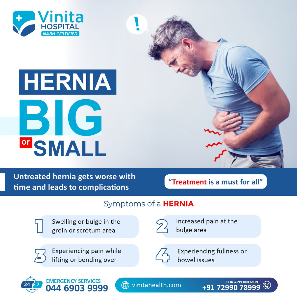 VinitaHealth's tweet photo. Hernia Big or Small (Untreated hernia gets worse with time and leads to complications)
“Treatment is a must for all”
For Appointments Call: +91 72990 78999
#HerniaAwareness #herniarecovery #herniasurgery #herniapain #herniatreatment #VinitaHospital #VinitaHealth #gastrology https://t.co/KwuioYxUw9