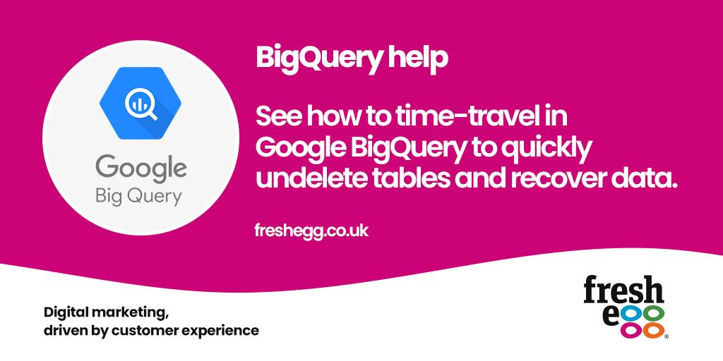 FreshEgg's tweet photo. Accidentally overwritten data in BigQuery? Don't panic! Learn how to undo those mistakes. We explain how to time-travel in GBQ to quickly undelete tables and recover data, read how - https://t.co/hQzhXtfCUk

#DataRecovery #BigQuery #DataAnalysis #GCP #BigQueryTips https://t.co/0iBnr7fVb0