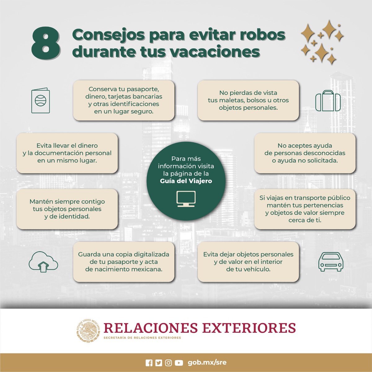 ✈️Si viajas a Qatar 🇶🇦 o a cualquier parte del mundo 🌍 revisa las recomendaciones que la @SRE_mx  tiene para ti.

👉No olvides consultar la Guía del Viajero: portales.sre.gob.mx/guiadelviajero…

#ProtecciónConsular #ProtecciónPreventiva