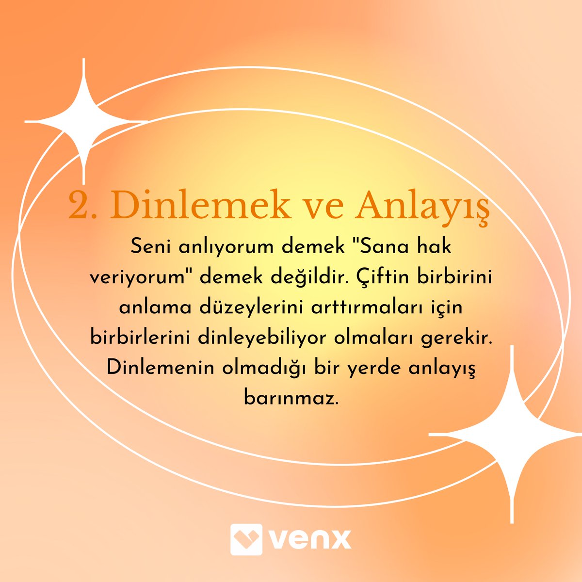 VenxApp's tweet image. İlişkide 5 Altın Kuralı uzmanlardan dinliyoruz!💜

Ne istediğini bilen, saygı ve anlayış çerçevesinde kalanlar mutlu ilişkiye ulaşıyor. ✨

Sizin için 5 altın kuralı derledik.🪐💜🍀

VenX App’ çok yakında App Store ve Google Play Store’da!
Kaynak: Psk. Pınar Ersöz

#VenX #VenXApp