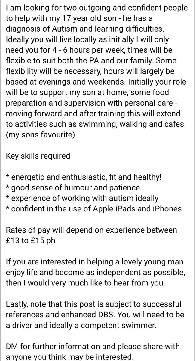 #Hiring #PersonalAssistant #Autism #SEN 
This post is on behalf of a close friend in #StHelens #Merseyside 
DM me for your message to be forwarded.
Genuine post for a lovely young man requiring special people to help enhance his life. Pls share within any local community groups