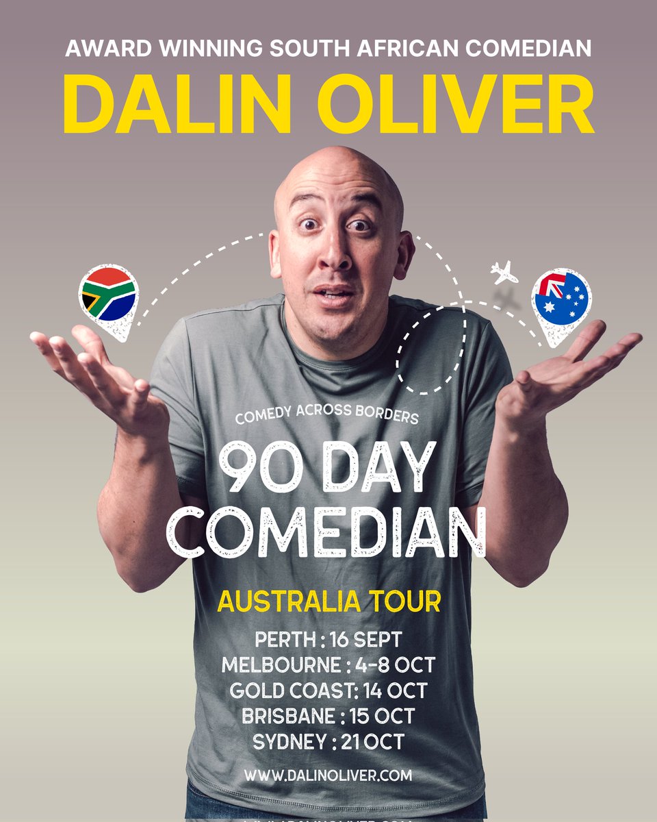 🇿🇦 HELLO AUSTRALIA 🇦🇺
It's my 1st international stand-up comedy tour. A dream come true. Excited to head Down Under &amp; get hitched to their comedy scene before my work visa &amp; jokes expire. Tell your friends &amp; family one of the SA homies is visiting  ➡️ dalinoliver.com 🫶🏼
