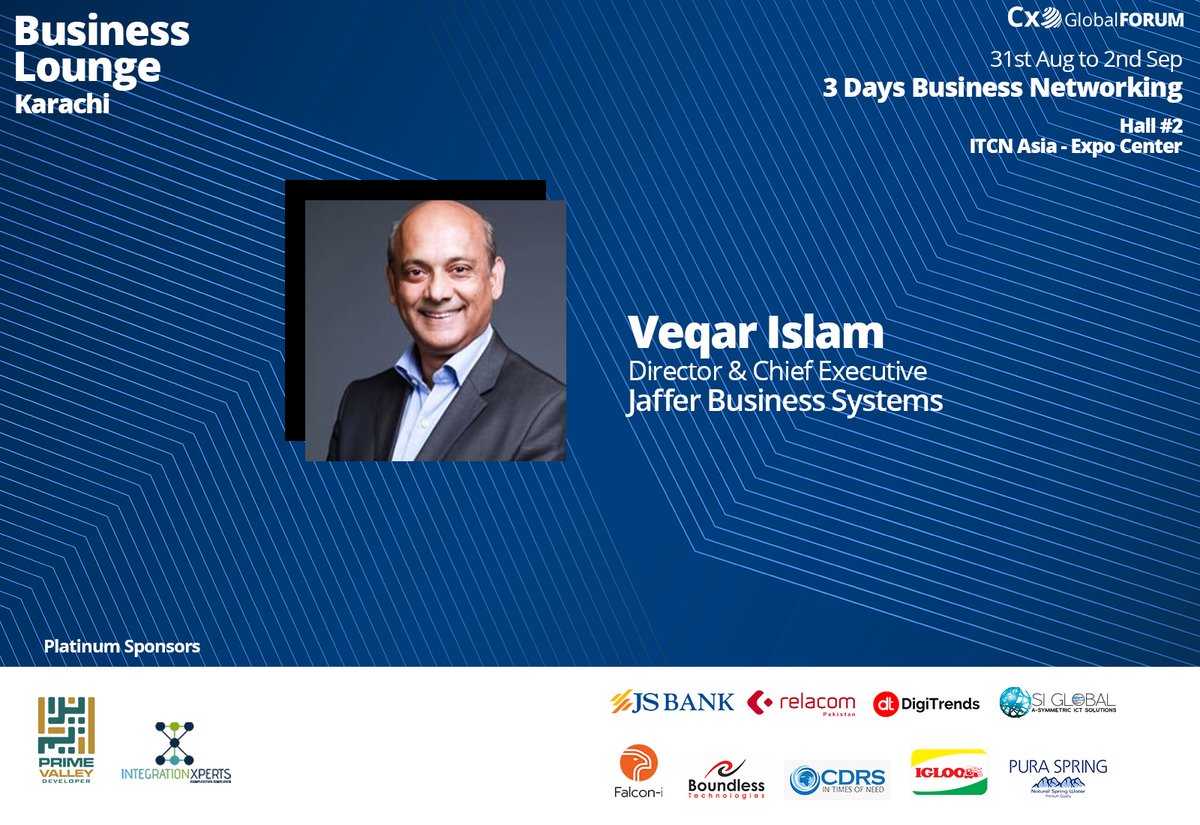 We are excited to have Veqar Islam, Director &amp; Chief Executive Jaffer Business Systems as VIP Guest at the Business Lounge 31st Aug to 2nd Sep at Expo Center Hall#2 ITCN Asia

Book your seat : cxoforum.global/cxo-lounge-202…

For more details : cxoforum.global/events/busines…