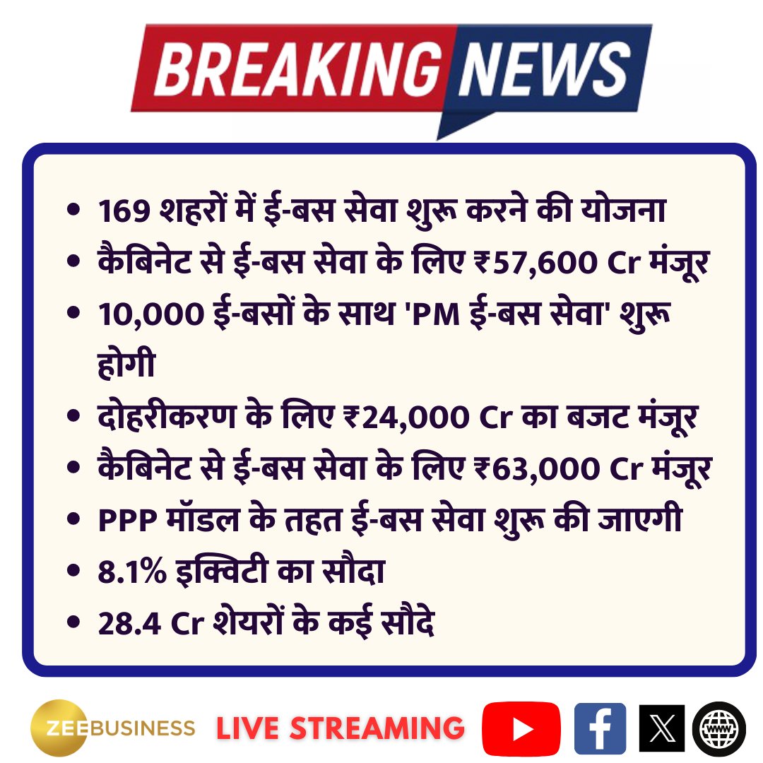 ZeeBusiness's tweet image. कैबिनेट फैसलों पर प्रेस कॉन्फ्रेंस

🔸PM ई-बस सेवा स्कीम साल 2037 तक चलेगी

🔸नेशनल कॉमन मोबिलिटी कार्ड लॉन्च किया जाएगा

#EBusService  #NationalCommonMobility