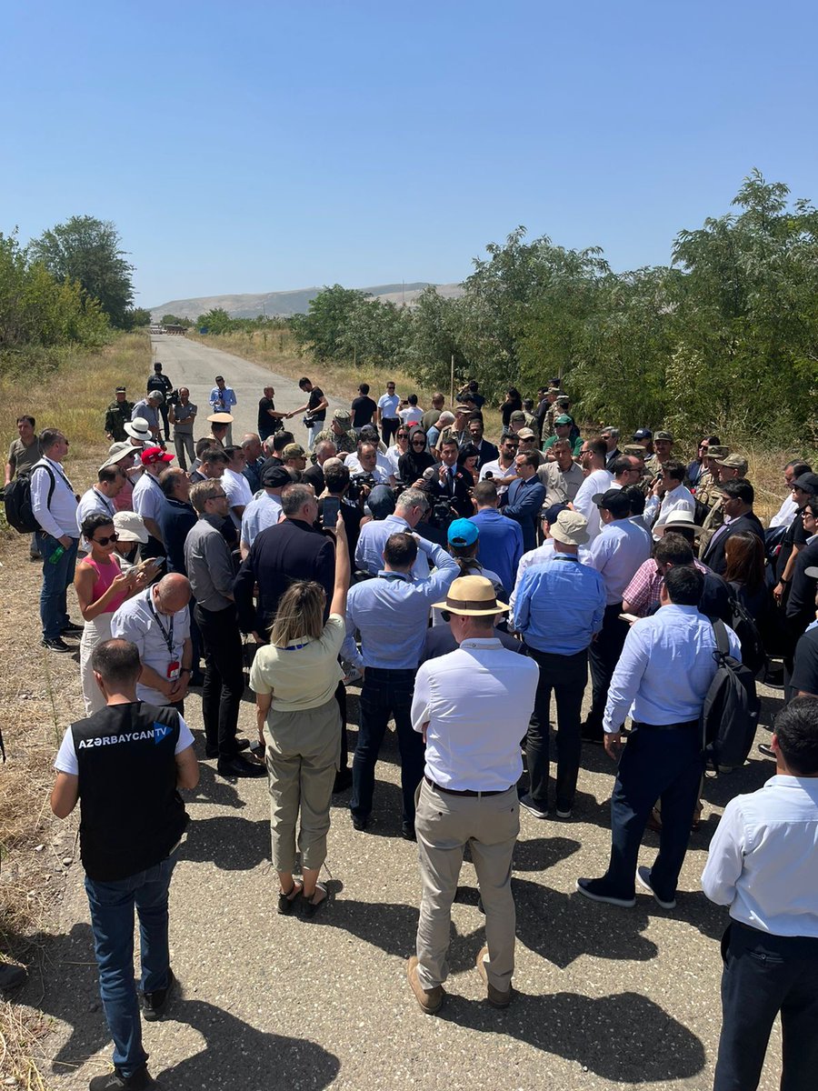 HikmetHajiyev's tweet photo. Agdam-Askaran-Khankandi road is ready, functional, and open for delivery of all necessary goods. From Agdam it is just 23 km to Khankandi. With the diplomatic corps and international media we are on the road and looking towards Askaran. Azerbaijan is building roads not walls! https://t.co/EWCpKoLsYP