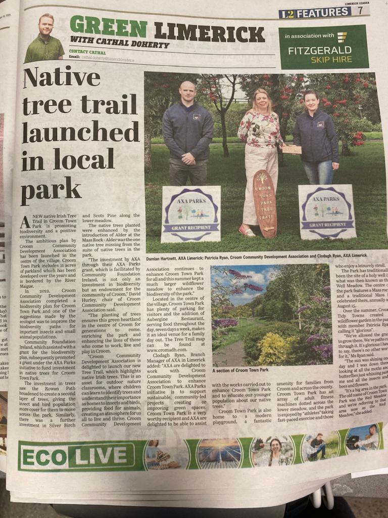 CroomCDA's tweet image. Thank you @catdoh98 for the brilliant feature in the @Limerick_Leader. Thanks @AXA_Ireland and @CommunityFound for your support on this project. #Croom #TreeTrail #NativeIrishTrees #CroomTownPark #Limerick