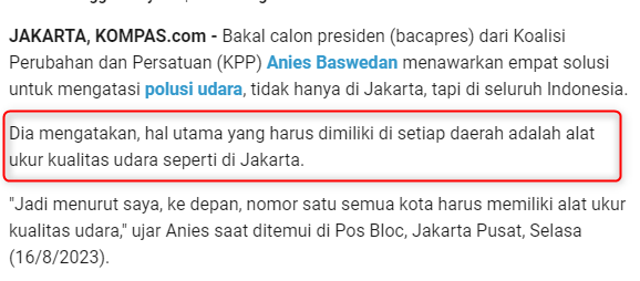 Solusi mengatasi polusi udara : 'alat ukur kualitas udara'
Kok jawabannya mirip2x Toa sebagai alat pendeteksi Banjir ya.. <a href="/aniesbaswedan/">Anies Rasyid Baswedan</a>  :-)