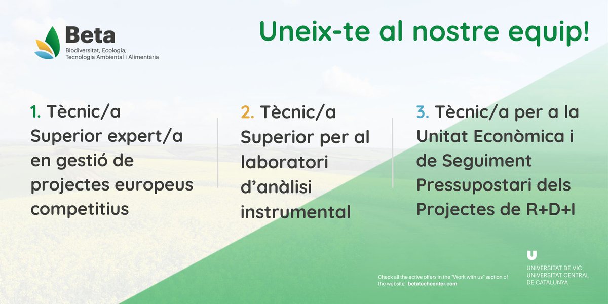 BETA_TechCentre's tweet photo. 📣 Vols formar part del nostre equip? Tenim 3️⃣ ofertes en actiu:

1️⃣ Tècnic/a Superior en gestió de projectes europeus

2️⃣ Tècnic/a Superior per al laboratori d’anàlisi instrumental

3️⃣ Tècnic/a per a la Unitat Econòmica i de Seguiment Pressupostari

👉🏻 https://t.co/F3enxOAOHS https://t.co/oigrURkOQR