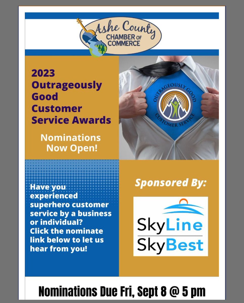 RealAsheChamber's tweet photo. Get your nominations in for the 2023 OUTRAGEOUSLY GOOD CUSTOMER SERVICE AWARDS by September 8th!

https://t.co/8JKdSoxuOd https://t.co/LXiaoNgvsZ