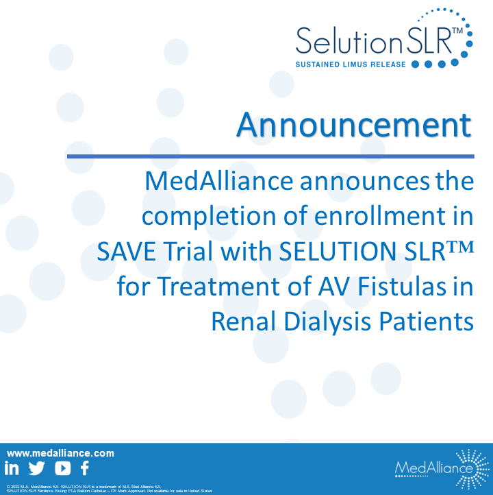 MedallianceSA's tweet photo. We are delighted to announce that the enrollment in the SAVE Clinical Trial with the SELUTION SLR™ 018 DEB for the treatment of failed AVF in renal dialysis patients is completed.
Click the following link to read the full press release: https://t.co/hkQRw7IyRP
#SELUTIONSLR https://t.co/57ROvTLRNY